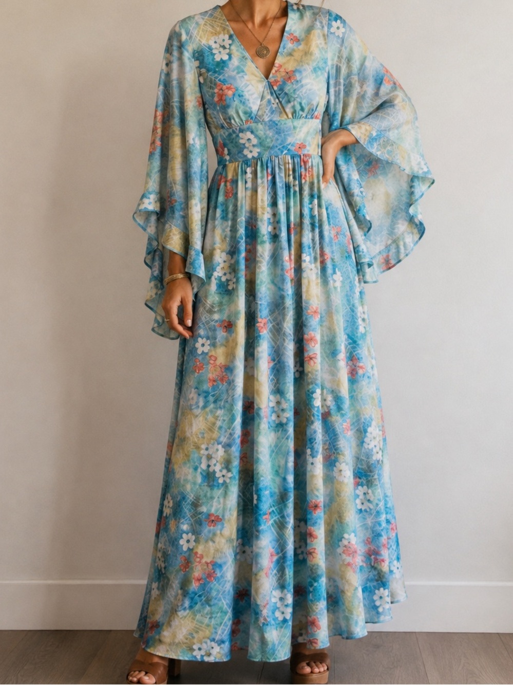 Vintage Algo Floral Maxi Dress Boho Cottagecore Flutter Sleeve Blue Women XS 70s